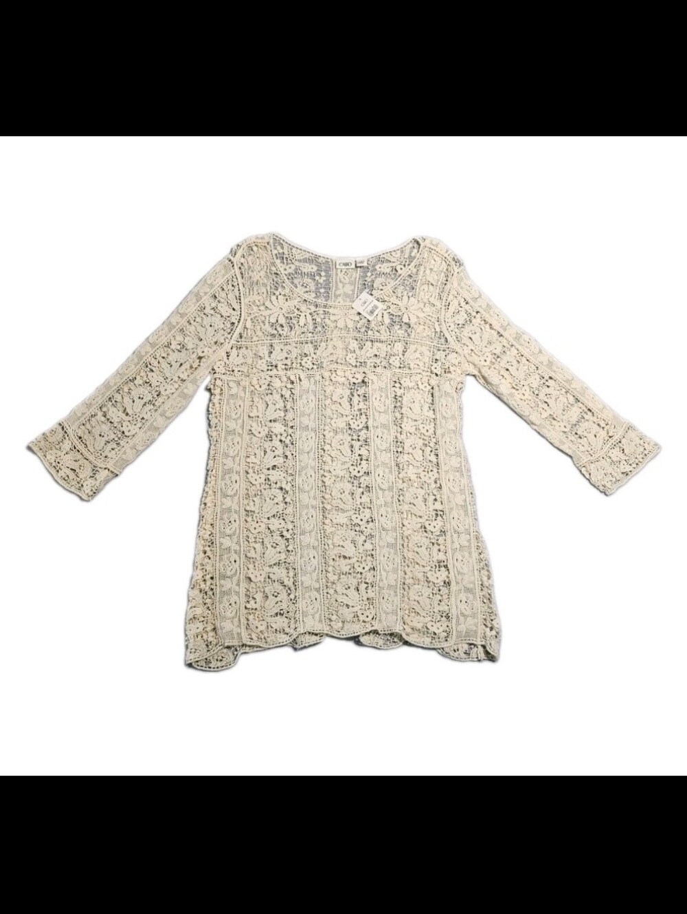 Cato Boho Edwardian Cottagecore Crochet Lace Cotton 3/4 Sleeve Tunic Size L